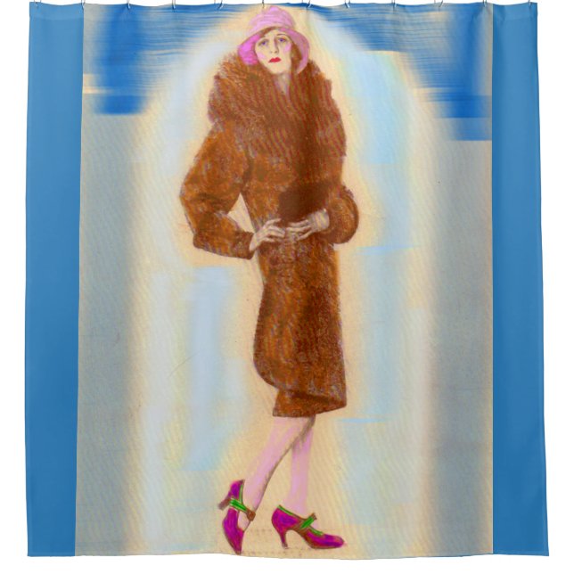 glamourous 1920s woman in fur coat shower curtain (Front)