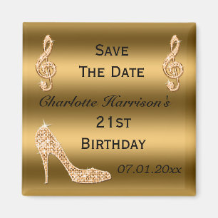 Glamourous 21st Save The Date Gold Stiletto Magnet