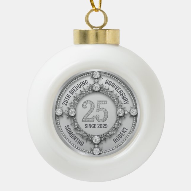 Glamourous 25th Wedding Anniversary Ceramic Ball Christmas Ornament (Front)