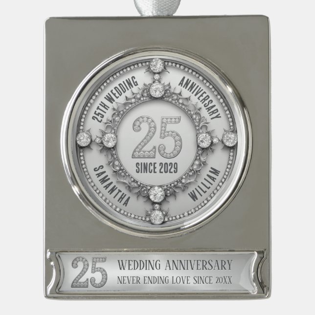 Glamourous 25th Wedding Anniversary Silver Plated Banner Ornament (Front)