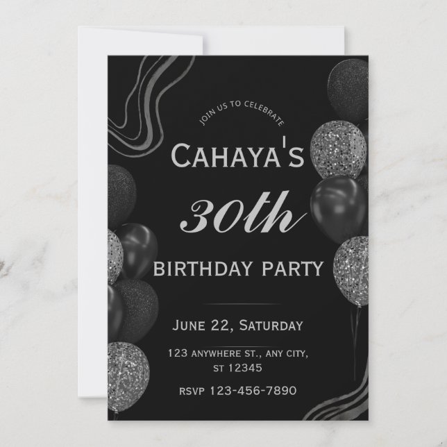 Glamourous 30th Birthday Black Silver Glitzy Invitation (Front)