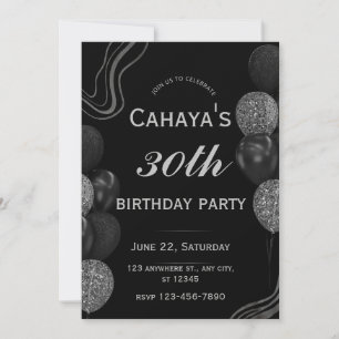 Glamourous 30th Birthday Black Silver Glitzy Invitation