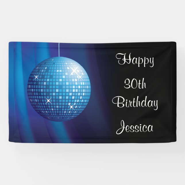 Glamourous 30th Birthday Blue Party Disco Ball Banner (Horizontal)