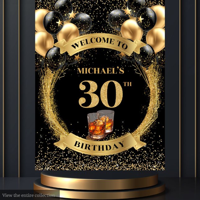 Glamourous 30th Man Birthday Whiskey Event Banner Tapestry (Glamorous 30th Man Birthday Whiskey Event Banner)