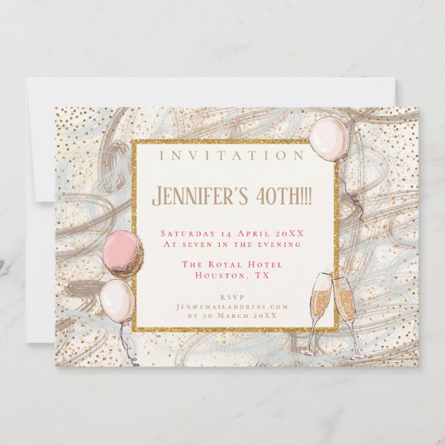 Glamourous 40th Party Gold Confetti Flutes Balloon Invitation (Front)