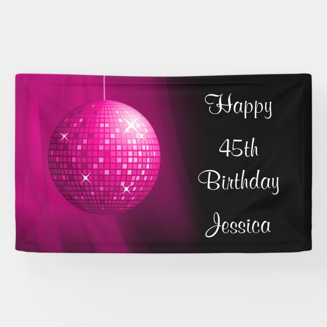 Glamourous 45th Birthday Pink Party Disco Ball Banner (Horizontal)