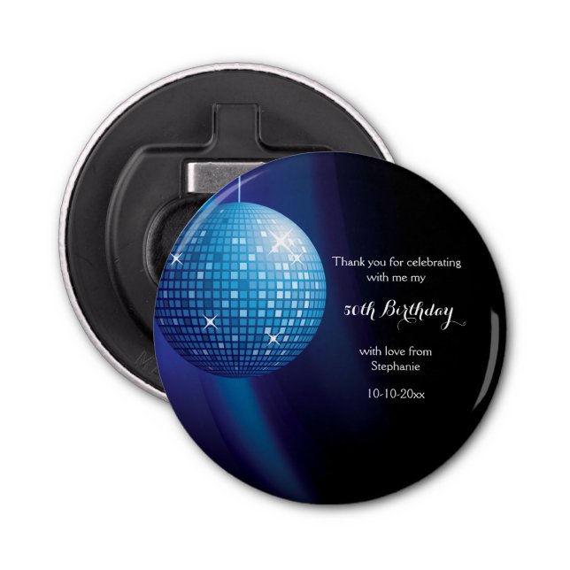 Glamourous 50th Birthday Blue Party Disco Ball Bottle Opener (Front)