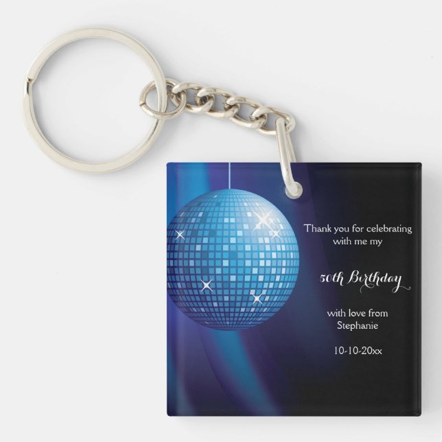 Glamourous 50th Birthday Blue Party Disco Ball Key Ring (Front)