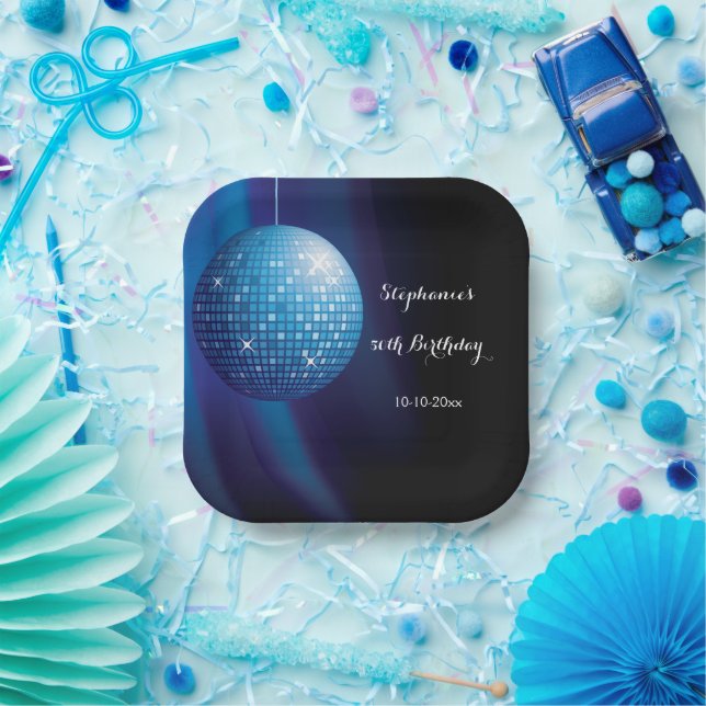 Glamourous 50th Birthday Blue Party Disco Ball Paper Plate (Party)