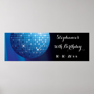 Glamourous 50th Birthday Blue Party Disco Ball Poster