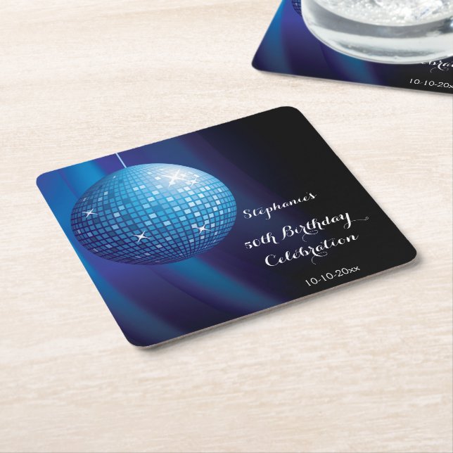 Glamourous 50th Birthday Blue Party Disco Ball Square Paper Coaster (Angled)