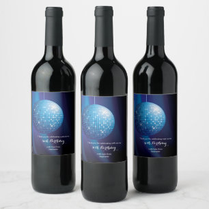 Glamourous 50th Birthday Blue Party Disco Ball Wine Label