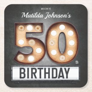 Glamourous 50th Birthday Light Bulb Marquee Custom Square Paper Coaster