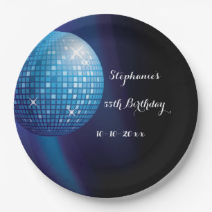 Glamourous 55th Birthday Blue Party Disco Ball Paper Plate