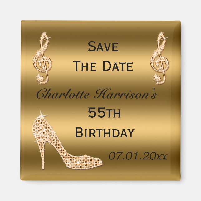 Glamourous 55th Save The Date Gold Stiletto Magnet (Front)