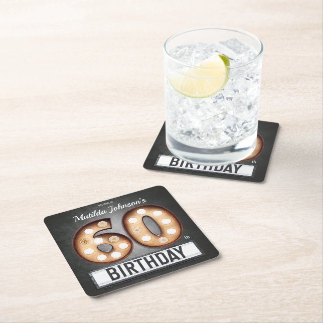 Glamourous 60th Birthday Broadway Marquee Custom Square Paper Coaster (Insitu)
