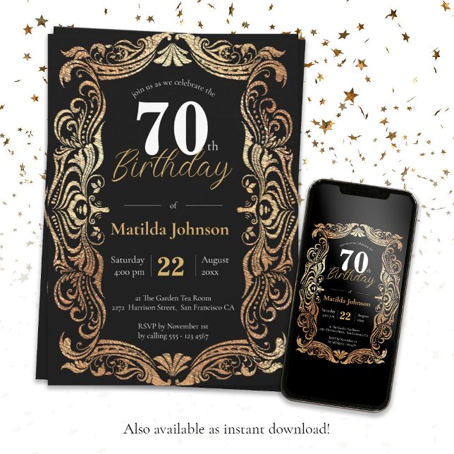 Glamourous 70th Birthday Gold Black Boho Elegant Invitation (Glamorous 70th Birthday Gold Black Boho Elegant Invitation)