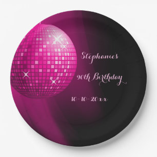 Glamourous 90th Birthday Hot Pink Party Disco Ball Paper Plate