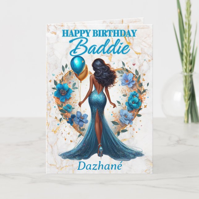 Glamourous African American Woman Blue Birthday Card (Front)