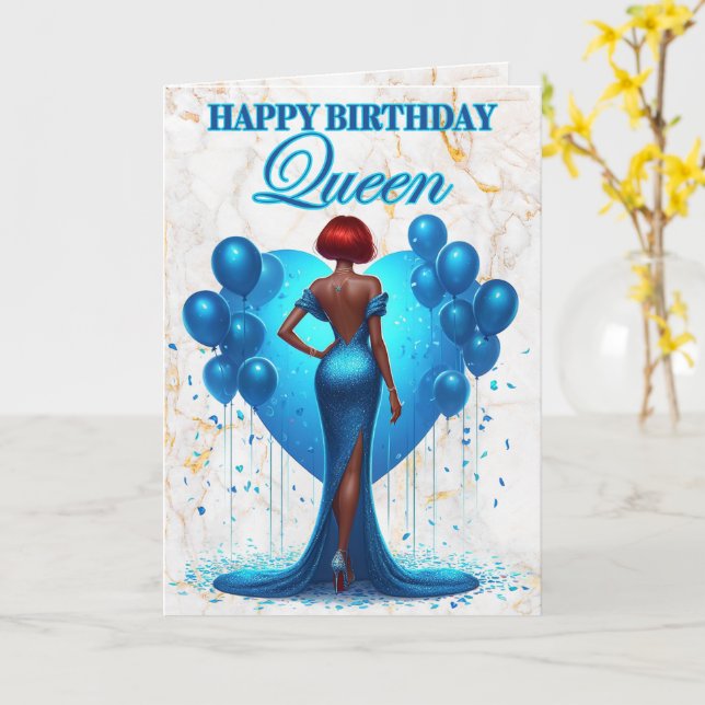 Glamourous African American Woman Blue Birthday Card (Yellow Flower)