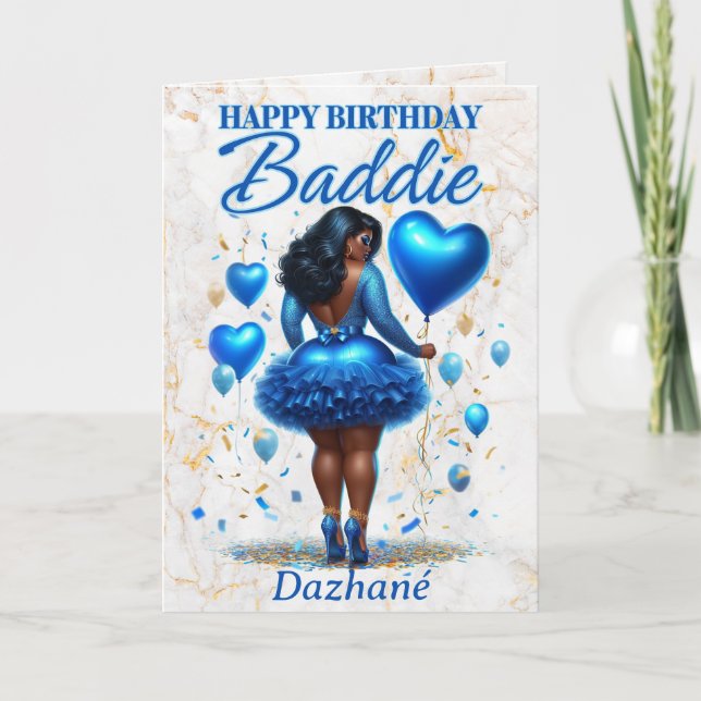 Glamourous African American Woman Blue Birthday Card (Front)