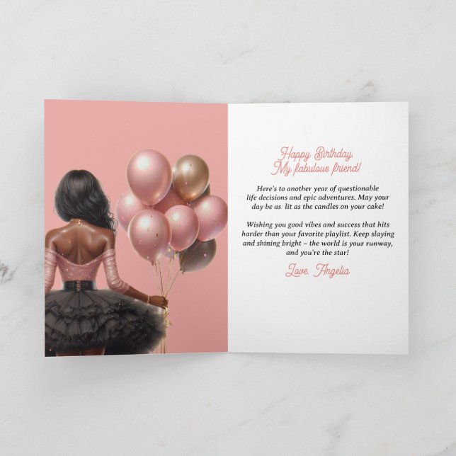 Glamourous African American Woman Pink Birthday Card (Inside)