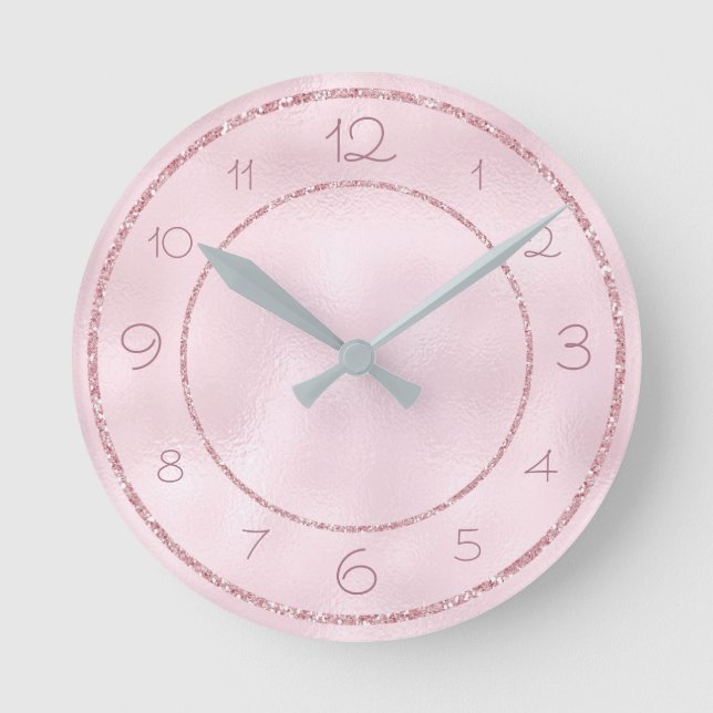 Glamourous and Girly Pink Glitter on Foil Round Clock (Front)