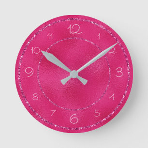 Glamourous and Girly Pink Glitter on Shiny Foil Round Clock