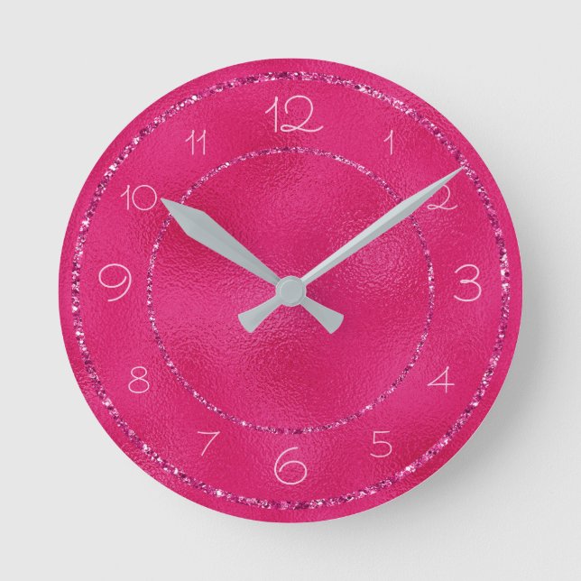 Glamourous and Girly Pink Glitter on Shiny Foil Round Clock (Front)