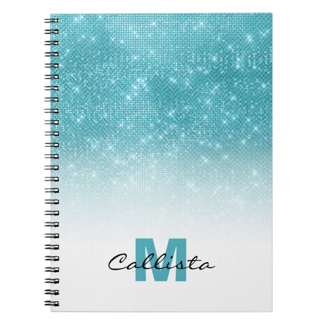 Glamourous Aqua Blue Glitter Sequin Ombre Monogram Notebook (Front)