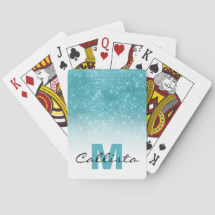 Glamourous Aqua Blue Glitter Sequin Ombre Monogram Playing Cards