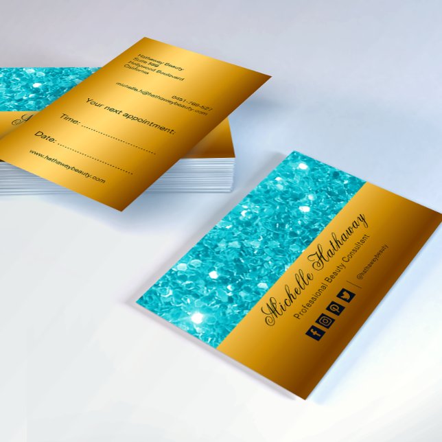 Glamourous Aqua Glitter and Gold Beauty Consultant Business Card (Creator Uploaded)