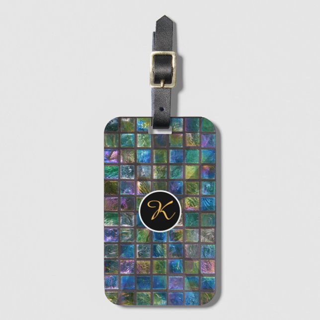 Glamourous Aqua Tiles Custom Monogram Luggage Tag (Front Vertical)