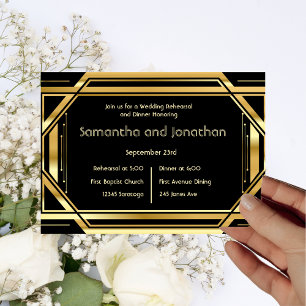 Glamourous Art Deco Gold Black Vintage Rehearsal Invitation