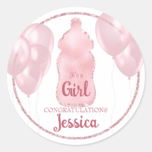 Glamourous Baby Bottle and Balloons Pink Glitter Classic Round Sticker