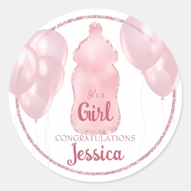 Glamourous Baby Bottle and Balloons Pink Glitter Classic Round Sticker (Front)
