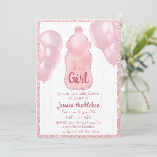 Glamourous Baby Bottle and Balloons Pink Glitter Invitation