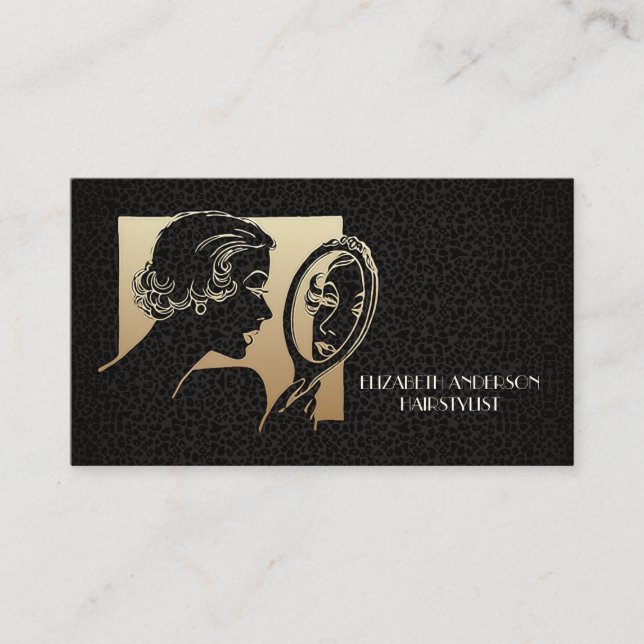Glamourous Beautician Black and Gold Leopard Business Card (Front)