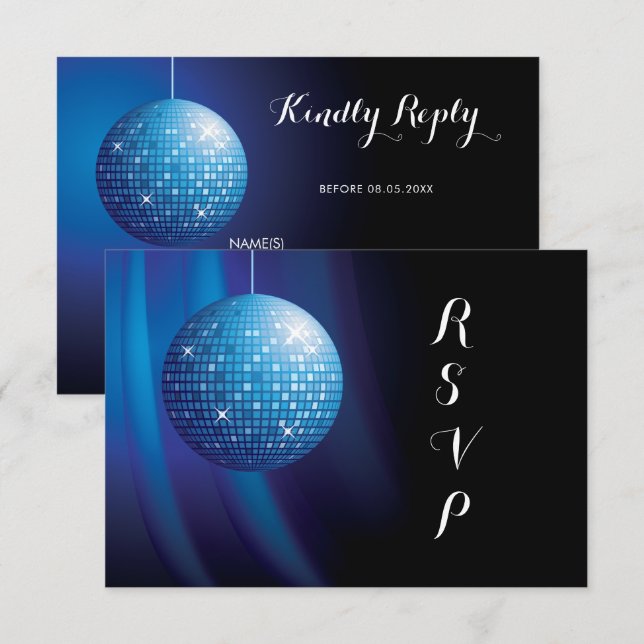 Glamourous Birthday Blue Party Disco Ball RSVP Card (Front/Back)