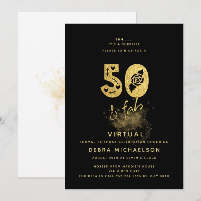 Glamourous Black and Gold 50 & Fab Virtual Birthda Invitation (Front/Back)