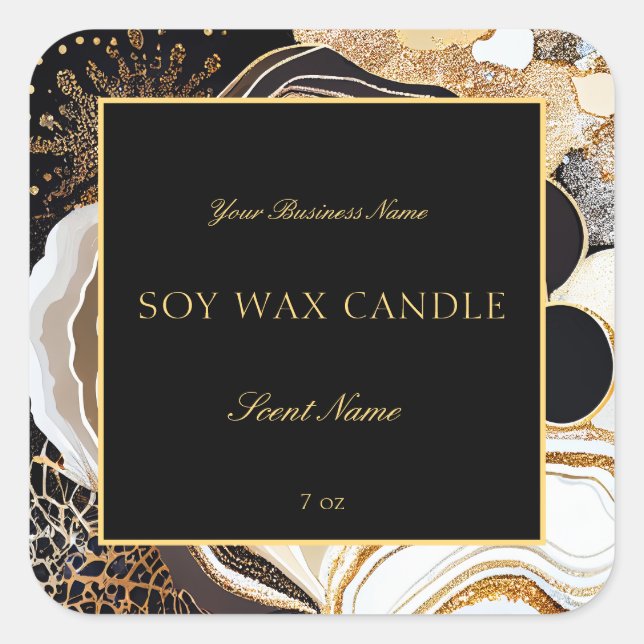 Glamourous Black and Gold Abstract Marble Agate Square Sticker (Front)