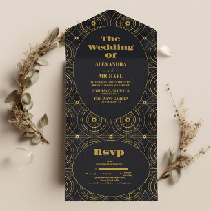Glamourous Black and Gold Art Deco Wedding All In One Invitation