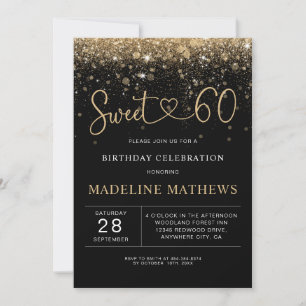 Glamourous Black and Gold Heart Sweet 60 Birthday Invitation