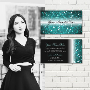Glamourous Black and Teal Sparkling Glitter Stylis Business Card