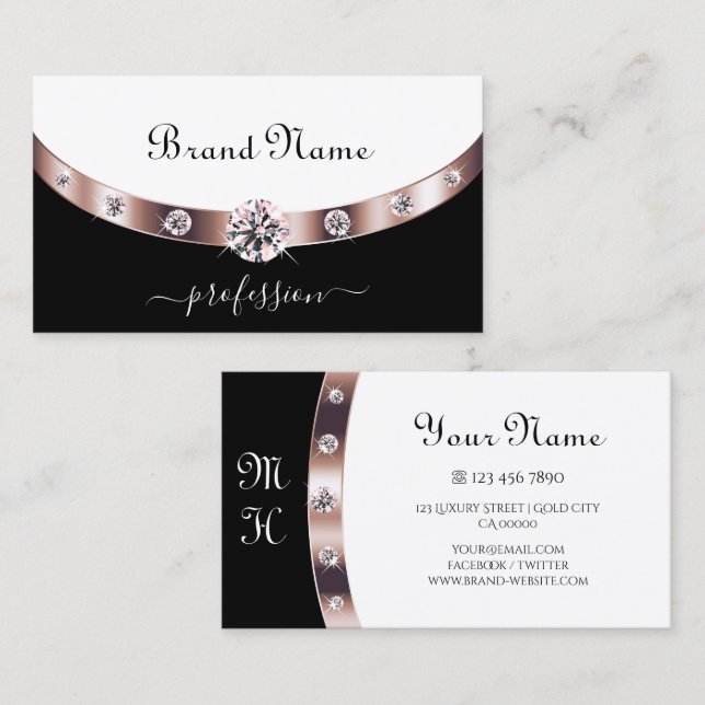 Glamourous Black and White Rose Gold with Initials Business Card (Front/Back)