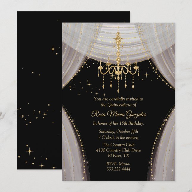 Glamourous Black Blush and Gold Quinceañera   Invitation (Front/Back)