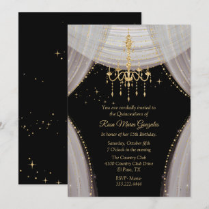 Glamourous Black Blush and Gold Quinceañera   Invitation