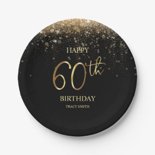 Glamourous Black Gold Glitter 60th Birthday Paper Paper Plate