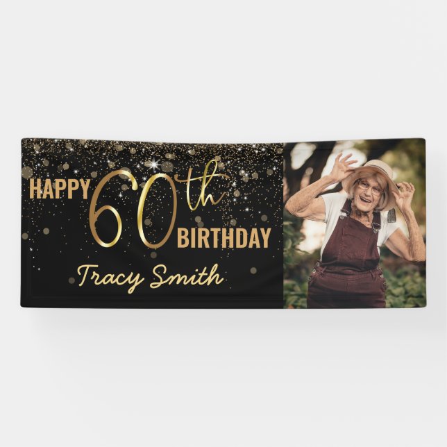 Glamourous Black Gold Glitter 60th Photo Birthday Banner (Horizontal)