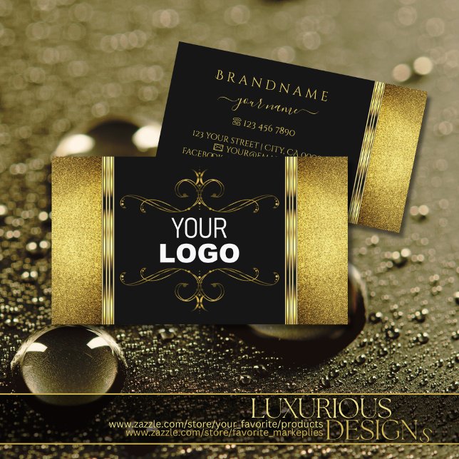 Glamourous Black Gold Glitter Decorated Ornate Log Business Card (Creator Uploaded)